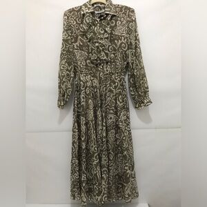 Vintage Carelle Elegant Olive Green & Cream Paisley Dress Size 8